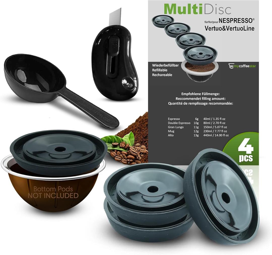 Reusable Nespresso Pods Vertuo - Refillable Capsules Compatible with VertuoLine Machines, Scoop & Cutter for All Capsule Sizes, Green & Cost-Saving Coffee Solution - 4 Pods, Lids