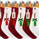 6 Pack Christmas Stockings 18 Inch Cable Knit Stockings with Personalized Snowman Name Tags, Red and White Large Xmas Hanging Stockings with Velvet Bows for Fireplace Mantel Holiday Family Decor