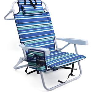 Yestomo Beach Chairs for Adults Heavy Duty, Compact Portable Lay Flat Folding Chair with Backpack Straps and Large Cooler Pouch, Support to 350LBS (Stripes_Blue&Cyan), 12.6" X 20.5" X 26.5"
