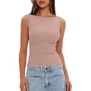 Darong Women's Boat Neck Tank Top Sleeveless Double Lined Basic Tops Going Out Casual Tank Shirts (Pink) M
