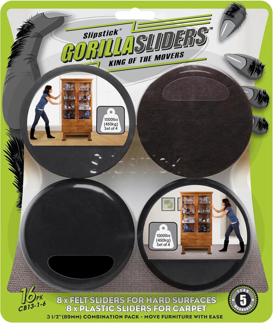 Slipstick GorillaSliders Premium Furniture Sliders for All Floor Surfaces (16 Piece Moving Kit) Reusable 3.5 Round Furniture Movers for Sliding Furniture on Hardwood & Carpet, Black, CB13-1-16