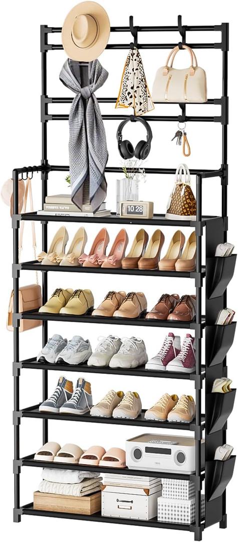 Shoe Rack 7 Tier Shoe Organizer Storage 21-28 Pairs Closet Shoes Rack for Front Door Entrance Shoe Rack Organizer with Hooks Side Pocket Entryway Large Capacity Shoe Shelf Tower Garage (7 Tier (23.6"Wx 65.4"H), Black)