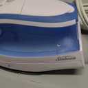 Sunbeam Hot-2-Trot Travel Steam Iron, 800 Watt Dual Voltage 120/240, Compact Size, Portable, Non-Stick Soleplate, Soft Touch Handle, Horizontal or Vertical Use, White and Blue