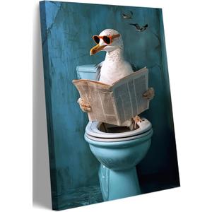 Funny Toilet Canvas Wall Art Humorous Seagull Reading Newspaper Wall Decor Painting Pictures Funny Bird Print for Living Room Bedroom Bathroom Decoration Framed