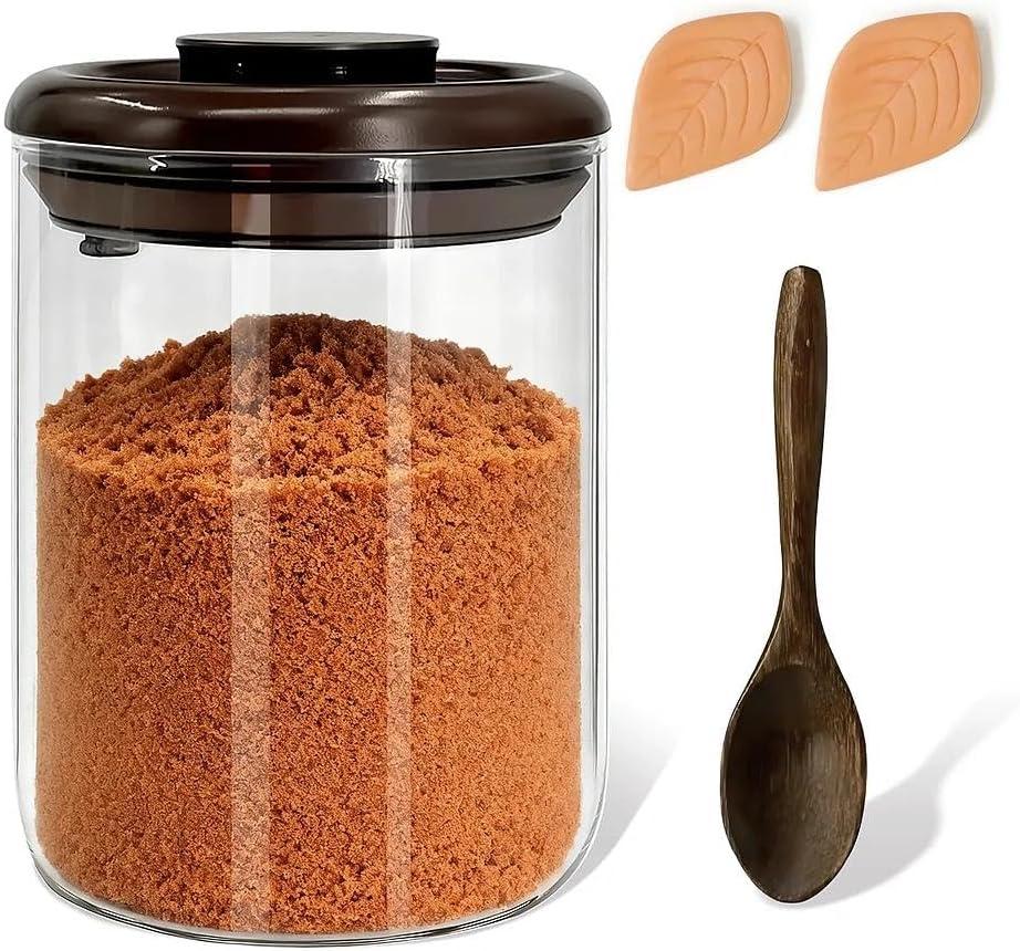 Airtight Brown Sugar Container - 0.95 Qt (900 ml) Glass Jar with 2 Clay Discs & Wooden Spoon, Moisture Proof Storage Keeps Brown Sugar Soft - Pantry Essential for Flour, Coffee, Sugar (9 inches)