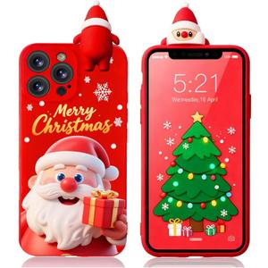 Red Christmas Case for iPhone 15 Pro, Silicone Cover with Lovely 3D Doll Cute Patterns Design Shockproof Soft TPU Cartoon Xmas Present Skin Cases for iPhone 15 Pro 6.1", Santa Claus