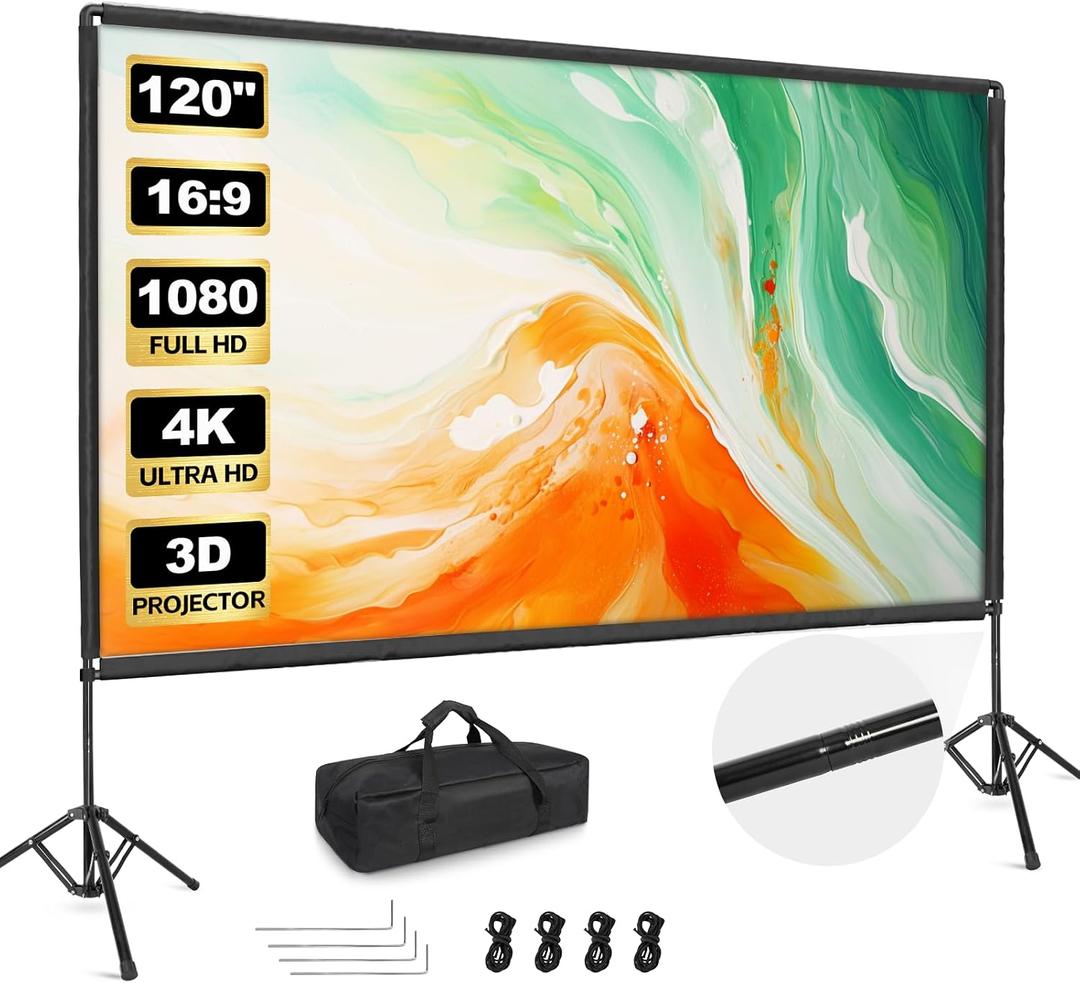 120inch Projector Screen with Stand Outdoor Movie Screen
Portable Projector Screen Stand with Elastic Rope Bar, Indoor 16:9 5K HD Projection Screen with Carry Bag for Movie Night Cam