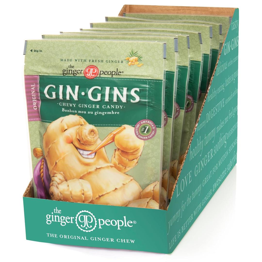 GIN GINS Original Ginger Chews 100% Natural Candy by The Ginger People Individually Wrapped Healthy Treats - Made with the Fresh Rhizome Original Flavor 3oz Bag Pack of 8, Best Before: 31/Oct/2025