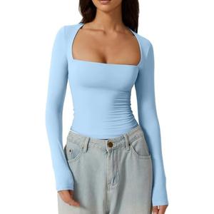 QINSEN Women's Sexy Square Neck Shirt Long Sleeve Double Lined Tees Fitted Going Out Tops, Size: S
