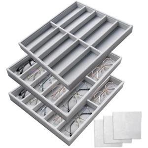 3 Pcs Sunglasses Organizer Storage Tray with 10 Grids Stackable Ice Velvet Holder Display with 10 Sunglasses Cleaning Cloth Eyewear and Watch Tray for Women (Gray)