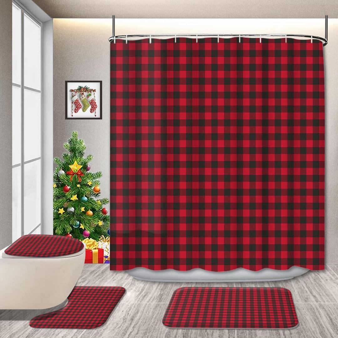 4PC Rustic Red Black Fabric Shower Curtain Sets with Non-Slip Rugs 72" x 72" in with Buffalo Check Plaid Design Print Luxurious Soft Brushed Durable Quality Microfiber with 12 Hooks (Style 3)