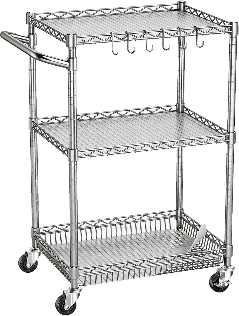 3 Tier Rolling Utility Metal Carts with Wheels Heavy Duty Cart 750Lbs