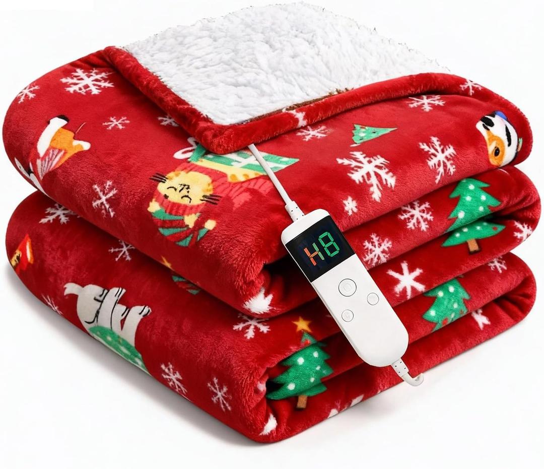 Electric Blanket Heated Throw, Soft Flannel 50"x60" Plaid Heating Blanket with 8 Hours Auto Off 10 Fast Heating Levels Machine Washable Sherpa Heated Blanket with Overheating Protection (Christmas Red)