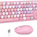 UBOTIE Colorful Wireless Keyboard and Mouse Combos, Retro Typewriter Floating Flexible Full-Sized Keys Computer Keyboard with Optical Mouse, 2.4GHz USB-A Connection for Windows Mac (Pink-Colorful)