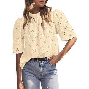 BETTE BOUTIK Womens Lace Tops 2025 Trendy Long Short Sleeve Eyelet Embroidered Dressy Casual Blouse Shirts (Small, Beige)