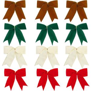 12 Pcs Velvet Bows for Christmas Tree 6 Inch, Vintage Christmas Bows Holiday Ornaments Wreath Gift Bow for Garland DIY Craft Wrapping Decor (Red, Khaki, Brown, Green)