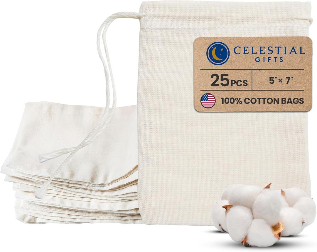 Celestial Gifts Muslin Bags 25pcs 5x7, 100% Cotton Drawstring Bags for Party Favors, Part and More - Made in USA (Natural Hem & Drawstring)