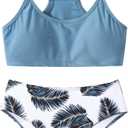Girl Swimsuit Bikini Set Two Piece Bathing Suits Tropical Floral Beach Swimwear 5-14Y (9-10 Years, Gray Blue)