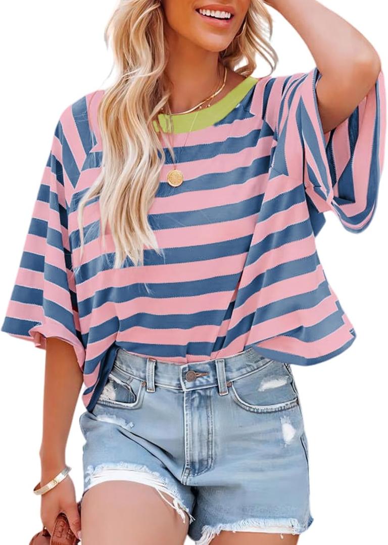 Dokotoo Tops for Women Striped 2025 Fashion T Shirts for Women Color Block Crewneck Design Loose Basic Tee (X-Large)