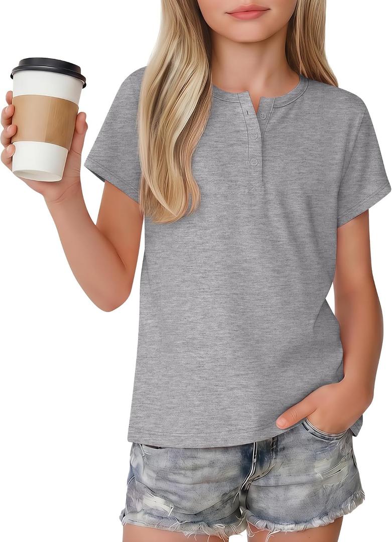 Girl's Short Sleeve Shirts Henley Round Neck Button up Tops Loose Fit Summer Basic Tees (Gray)