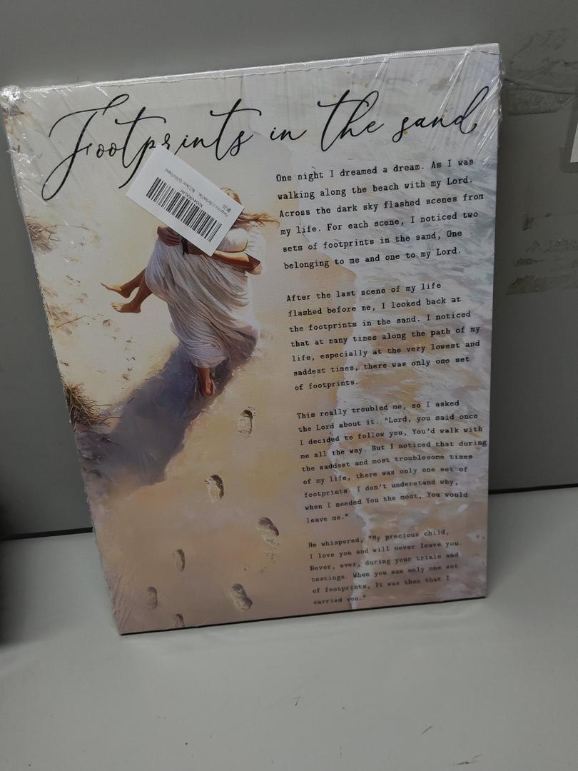 Footprints in the Sand Canvas Wall Art Chrisitan Inspirational Painting Picture Jesus Hugging Woman on Beach Poster Prints for Christian Women Living Room Bedroom Wall Decor 12x16in Framed