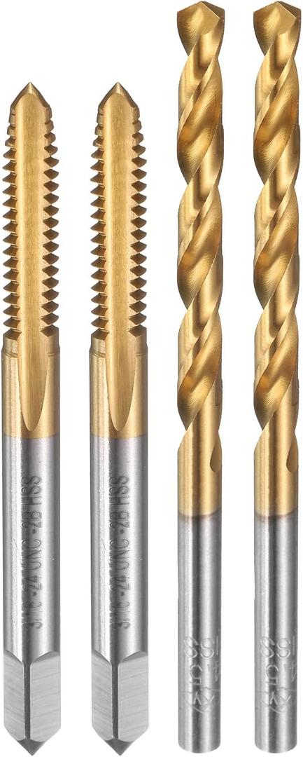 uxcell Tap and Drill Bit Set, 2pcs 3/16-24 UNC Straight Flute Thread Screw Taps & 2pcs 4mm Twist Drill Bits, Titanium Coated HSS-6542 Tapping Threading Tool Kit
