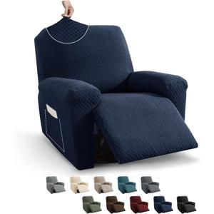 MAXIJIN Recliner Cover Slipcovers for Living Room 4 Pieces Stretch Jacquard Recliner Chair Cover Soft Fitted Recliner Protector with Elastic Bottom for Kids, Pets (Recliner, Navy Blue)