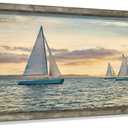 Coastal Framed Wooden Wall Art: Ocean Painting Art Sail Boats Artwork Decor Sunset Seascape Picture Prints for Bedroom 24"x12"