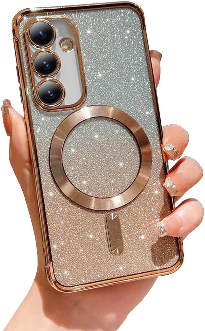 Galaxy A34 5G Case Magnetic Glitter [Support Magsafe Charger] Anti-Scratch Shockproof Luxury Plated Clear Full Camera Protection Phone Cover Case for Samsung Galaxy A34 5G-Gold