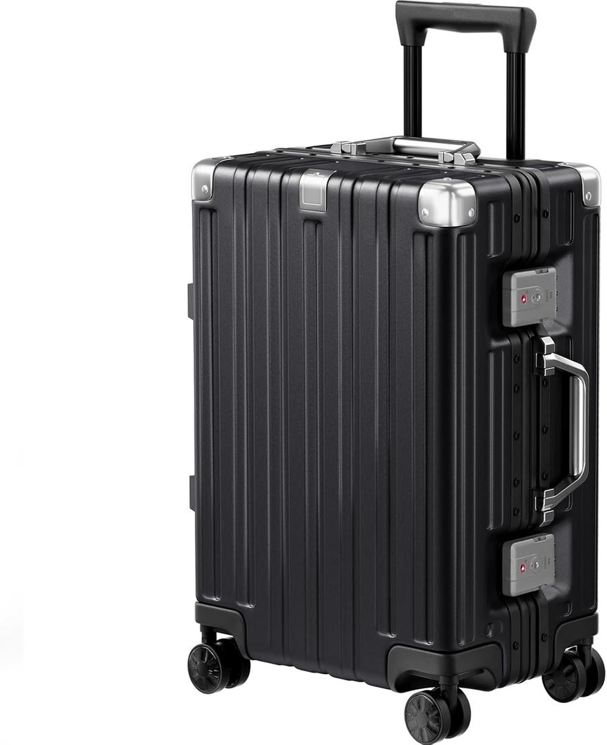 Krute Carry On Luggage 20 inch Aluminum Frame Luggage with Spinner Wheels Hardshell No Zipper PC+ABS TSA Lock Zipperless Suitcases (Black)