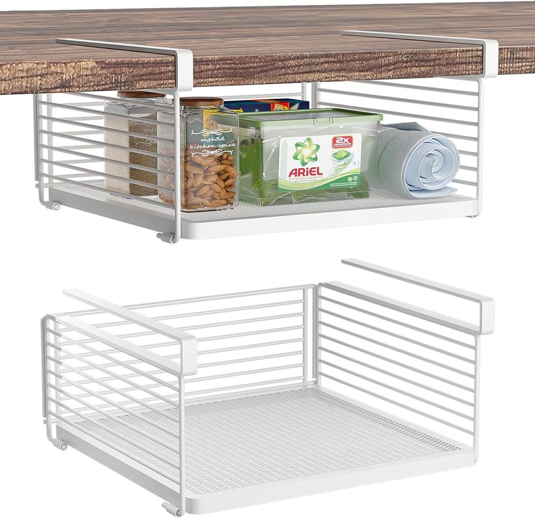 Under Shelf Storage Basket, Hanging Wire Basket with 1.13 Inches Thick Clips for Kitchen, Pantry or Laundry Room, Under Cabinet or Desk Storage Organizer, White, 2 Pack