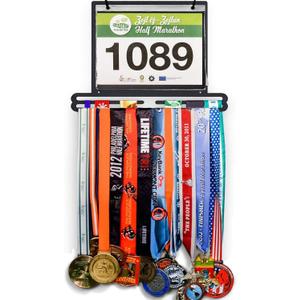 Jolitac Sports Medal Awards Display Rack Wall Mounted Marathon Medals Hanger Holder for 60+ Medals 100 Runner Race Bibs 20 Bibs Flip Vinyl Sleeves