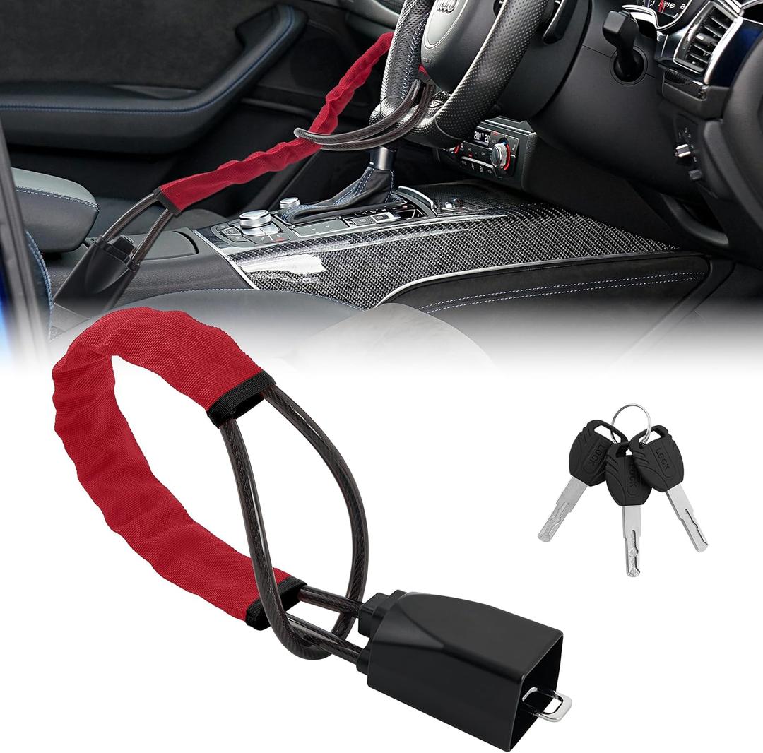 Car Steering Wheel Lock, 1 Pack Anti Theft Car Device with Max 17 Locking Length, Thickened Steel Wire, and Fine Stitched Edges, 3 Keys Included, Easy to Store, Fits Most Vehicles, SUVsRed