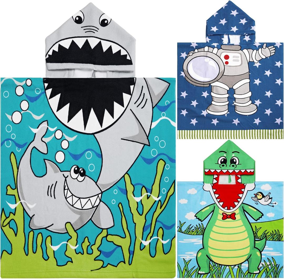 Chumia 3 Pack Kids Hooded Beach Poncho Towels Toddler Swim Pool Bath Towels with Hood Thicker Cotton Absorbent Cover up for Boys Girls Baby(47 x 24 Inch,Shark, Astronaut)