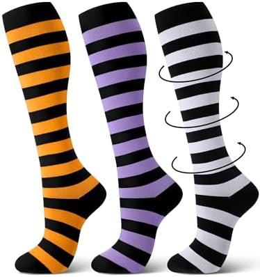 Chuarry 3 Pairs Christmas Striped Compression Socks Women 15-20mmHg Red Green White Knee High Stockings Circulation Xmas Gift L-XL