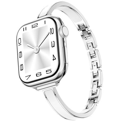 Mosonio Slim Bracelet Bands for Apple Watch Women, Elegant Thin Metal Band with Embedded Silicone Accents for iWatch, Easy-Adjust Link Strap Compatible with Apple Watch Series 11/ 10 (42mm), Series 9/ 8/ 7 (41mm), Series 6/ 5/ 4/ SE (40mm), Series 3/ 2/ 1 (38mm)