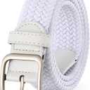 XZQTIVE Women Elastic Braided Belt with Silver Buckle, Woven Stretch Fabric (Fits Waist Size 39-44 inch, White)