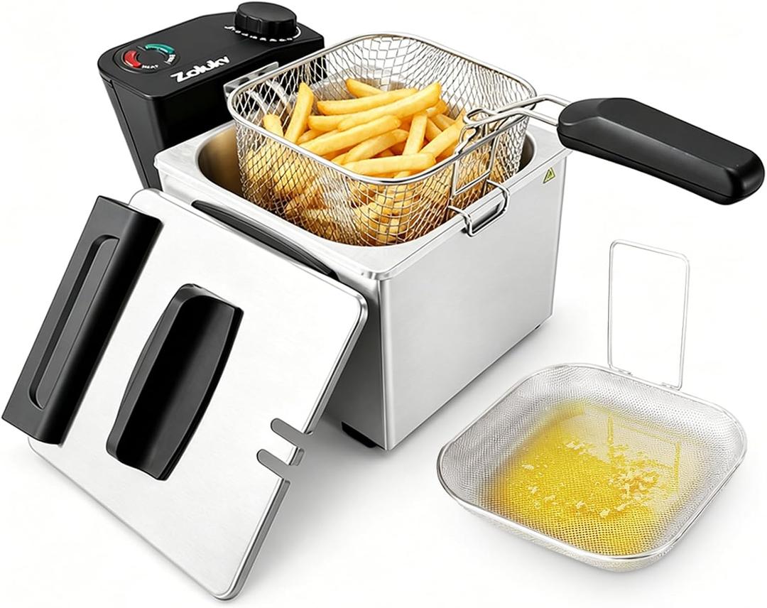 2L Mini Deep Fryer with Basket for Home Use, Electric Small Deep Fryer with Oil Filtration System & Lid, 1300W Compact Countertop Fryer with Adjustable Temperature, Stainless Steel Body