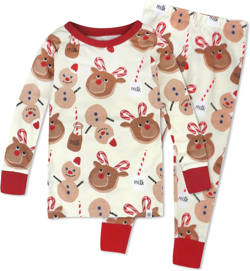 HonestBaby Holiday 2-Piece Pajamas Sleepwear PJs 100% Organic Cotton for Baby, Toddler, Kids (18 Months, Breakfast Deer)