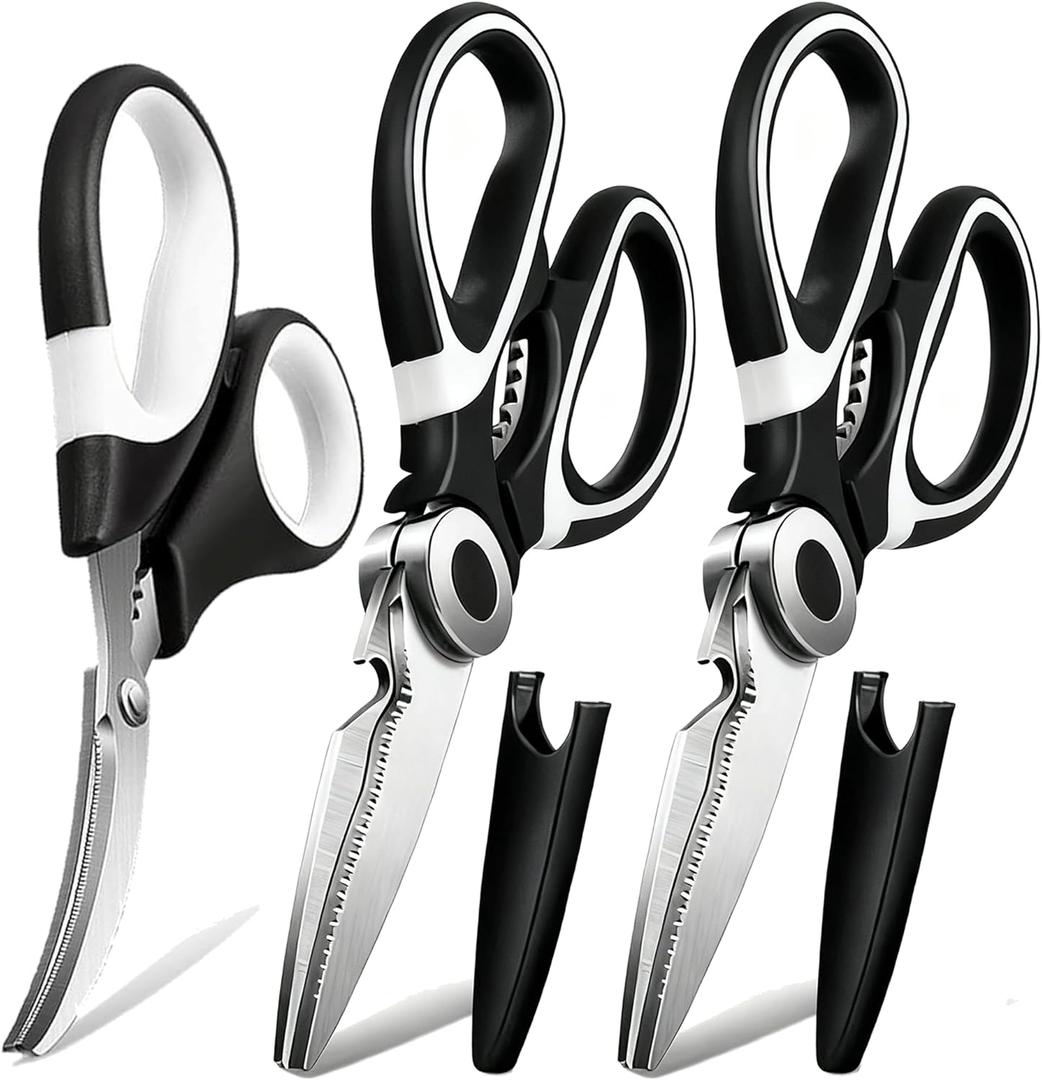 Kitchen Scissors All Purpose 3 Pack - Heavy Duty Stainless Steel Cooking Shears for Cutting Meat, Food, Fish, Poultry Multipurpose Sharp Sissors for Dishwasher Safe (Black & White)