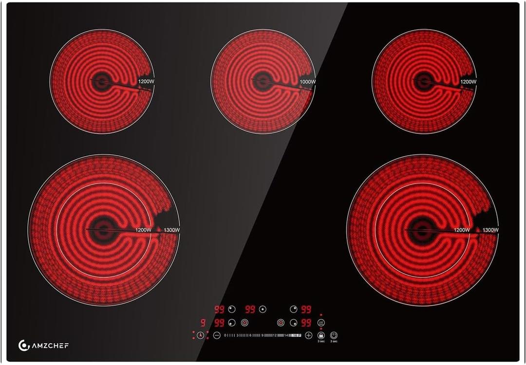 AMZCHEF 30 Inch 8400W 5 Burner Electric Cooktop, Drop-in Ceramic Glass Cooktop, 16 Power Levels, 85% Heat Efficiency, Child Lock, Timer, 220-240V, Hard Wire, No Plug (30inch, Black 5 burners)