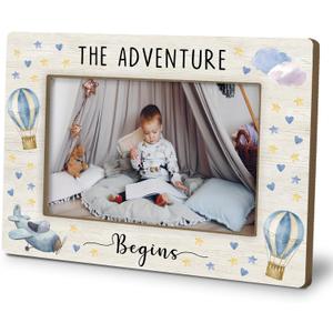 Baby Boy Picture Frame 4x6, Hot Air Balloon Nursery Photo Frame Gifts for Boy Son from Mom, The Adventure Begins Picture Photo Frames for Baby Boys Nursery Bedroom Playroom Desk decor