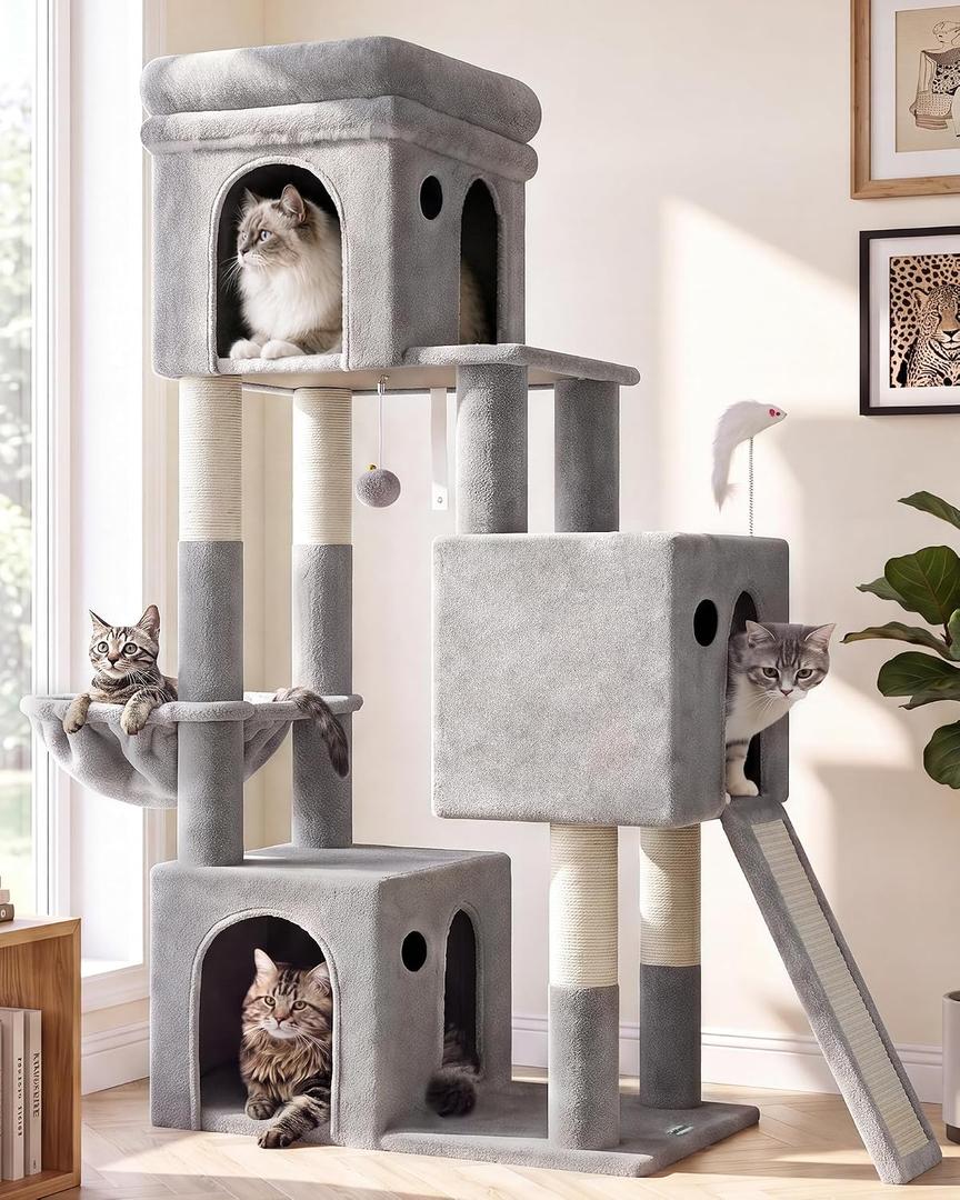 Globlazer Heavy Duty Cat Tree Tower for Large Indoor Cats, F52J, Beige
52in Sturdy Self-Standing Tower with Metal Frame Hammock, Plush Basket, Large Perch, Breathing Condo & Sisal Scratching Ramp (Incomplete)