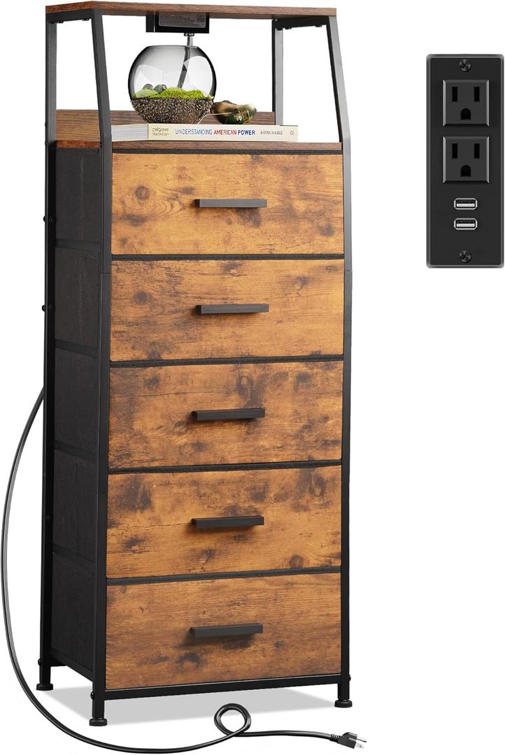 Nightstand 5 Drawer Dresser with Charging Station, Side Table with Fabric Drawers, End Table with Open Shelf, Tall Dresser for Bedroom, Hallway, Entryway (Rustic Brown)