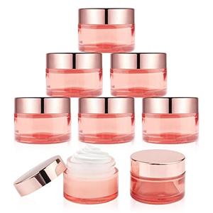 DMuuuDM 1 oz 7 Pack Pink Glass Jars,Empty 30ml Cream Jars with Rose gold Lids&Inner liner,Sample Cosmetic Container Vials Pot for Face Cream Eyeshadow Lotion Powder Foundation