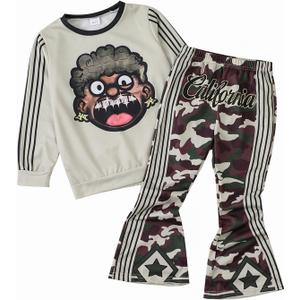 Toddler Baby Boy Clothes Cartoon Face Print Colour Blocking Sweatshirt + Sweatpants Outfits Set (11-12 Years)