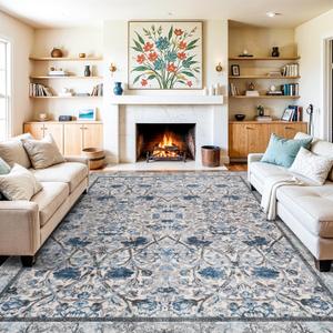 10 x 14 Area Rug - Floral Living Room Area Rug Washable Vintage Rugs Low Pile Non Slip Carpets with Rubber Backing Soft Indoor Thin Rug for Bedroom Dining Room Office 10x14 Blue Cream