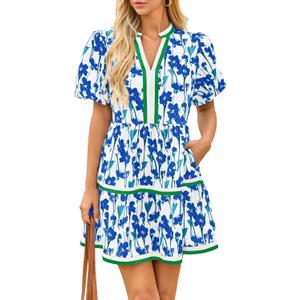 Cicy Bell Womens V Neck Floral Mini Dress Short Puff Sleeve Patchwork Summer Casual Boho Dresses (White, XL)