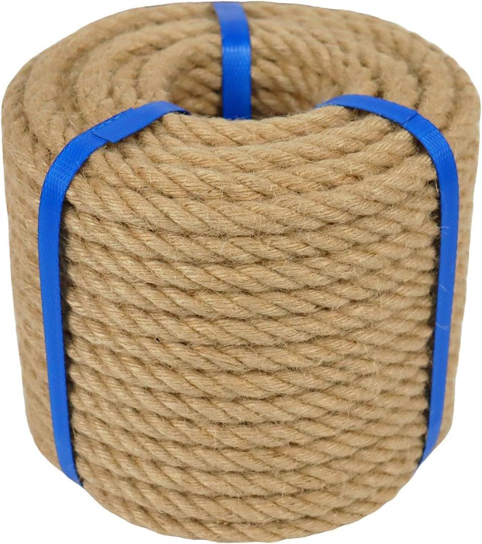 3/8 Inch Natural Jute Rope, 200 Feet Thick Hemp Rope, 4 Strands Twisted Jute Twine for Crafts, Gardening, Cat Scratching Post, Home Decorating, Indoor/Outdoor Use