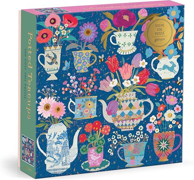 Galison Potted Teacups – 500 Piece Foil Jigsaw Puzzle Featuring Beautiful Artwork of Potted Teacups with Floral Background